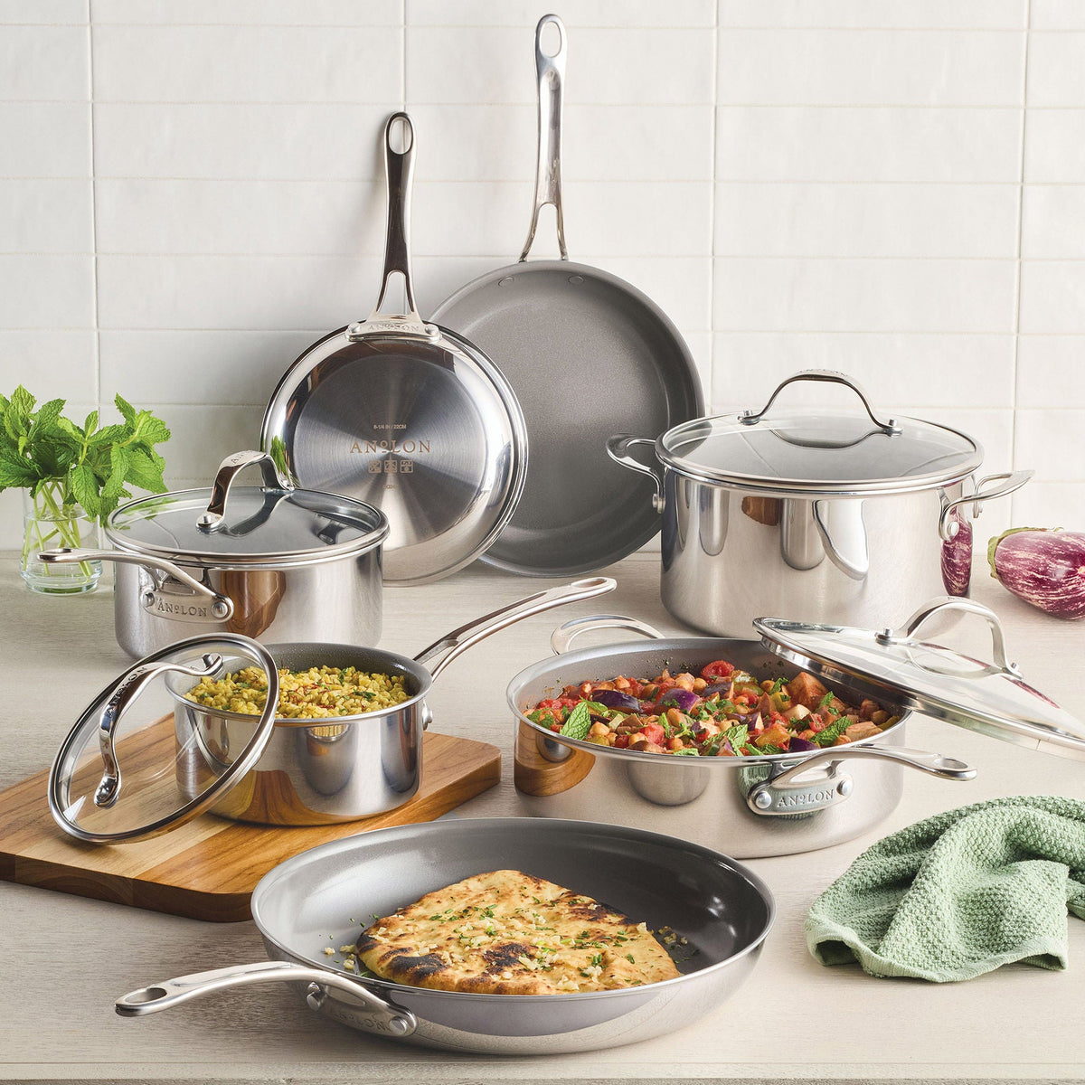 Anolon EverLast Ceramic Nonstick 11-piece Cookware Set, Stainless Steel