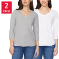 [color:gray (gray/white)] Kirkland Signature Women's 3/4 Sleeve V- Neck Slub Tee, 2-pack - Gray (Gray/White) - image 1