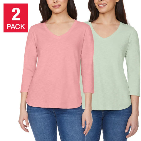 Kirkland Signature Women's 3/4 Sleeve V- Neck Slub Tee, 2-pack