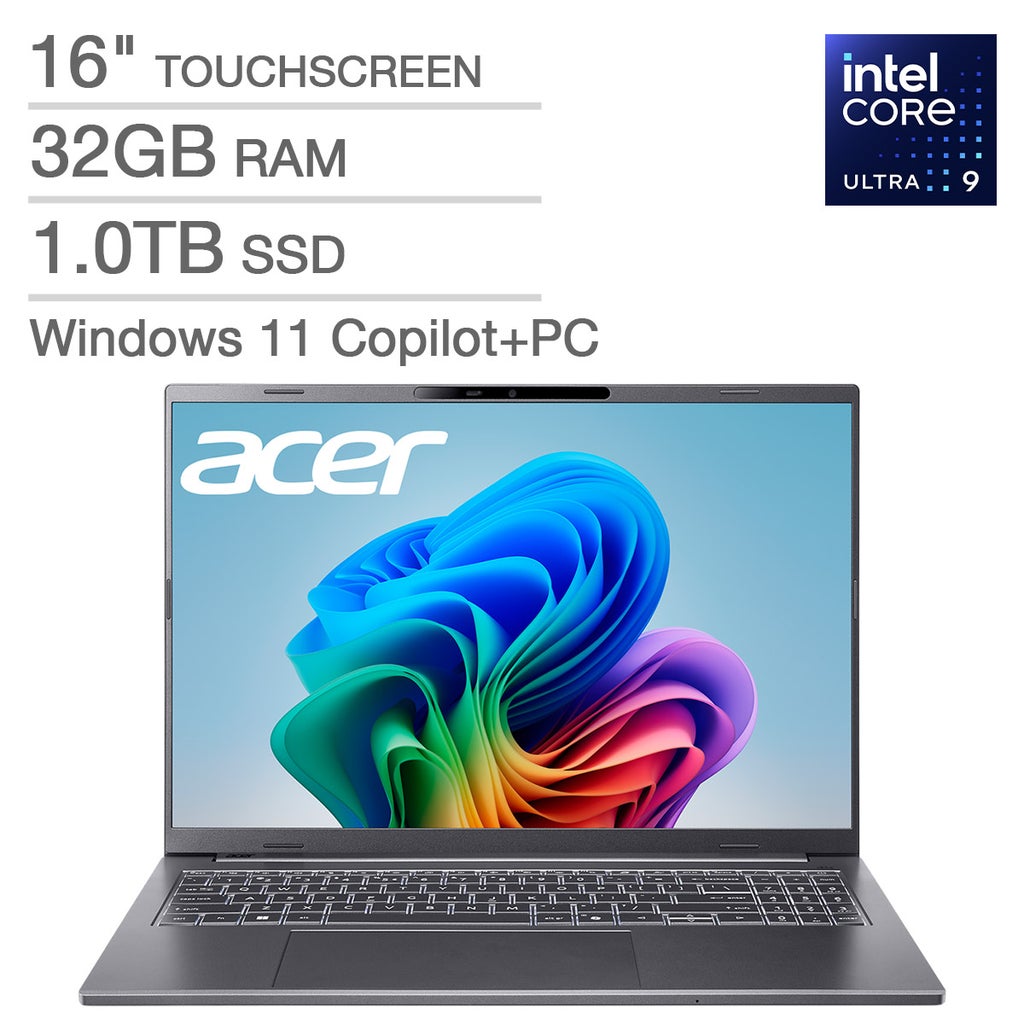 Acer Aspire 16" AI Copilot+ PC Touchscreen Laptop — Intel Core Ultra 9 processor 288V — WUXGA (1920 x 1200) — 32GB RAM — 1TB SSD — Windows 11 Home — Steel Gray – image 1