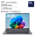 Acer Aspire 16" AI Copilot+ PC Touchscreen Laptop — Intel Core Ultra 9 processor 288V — WUXGA (1920 x 1200) — 32GB RAM — 1TB SSD — Windows 11 Home — Steel Gray – image 1