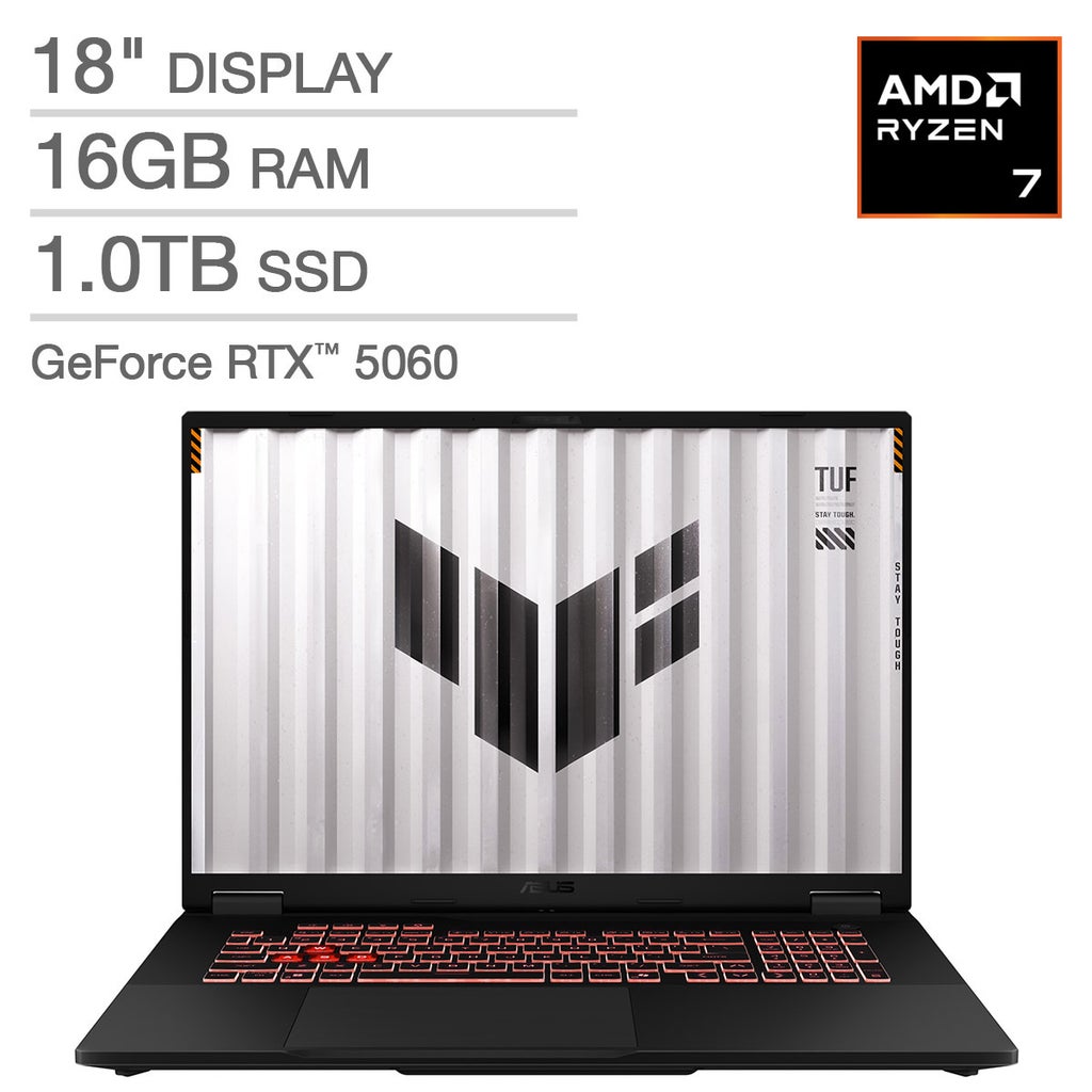 ASUS TUF 18" Gaming Laptop - AMD Ryzen 7 260 - GeForce RTX 5060, FHD+ 144Hz/3ms Display - 16GB RAM, 1TB SSD, Windows 11 Home – image 1