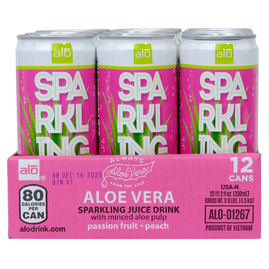 Alo Aloe Vera Sparkling Juice Drink, Passion Fruit + Peach, 11.2 fl oz, 12-count