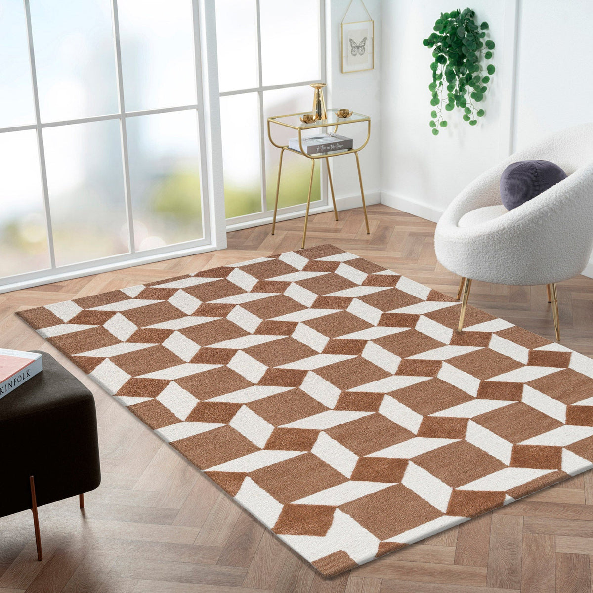 Obeetee Retro Hand Tufted Wool Area Rug, Nova Rust