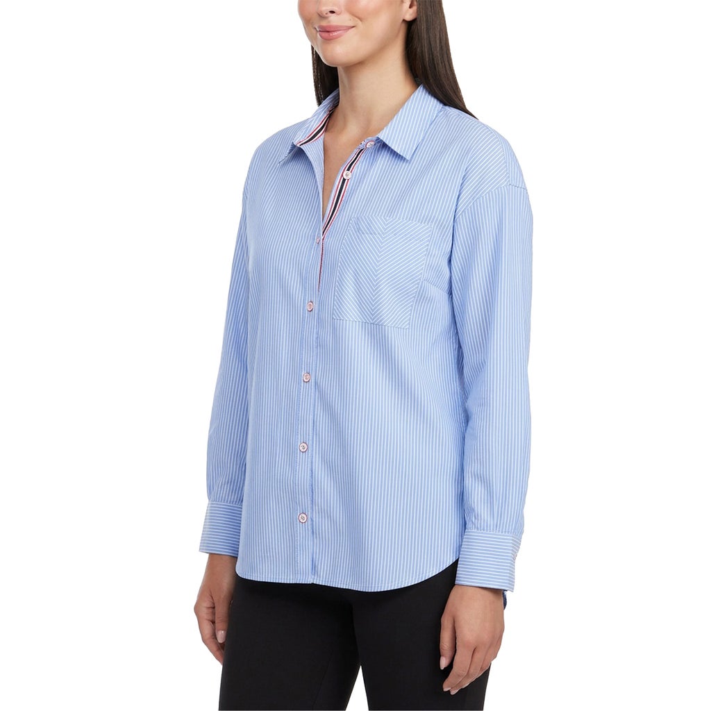 [color:blue] Hunter Women's Button Up Cotton Poplin Shirt - Blue - image 3