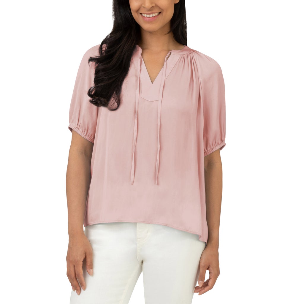 [color:pink] Well Worn Women's Short Sleeve Satin Blouse - Pink - image 1