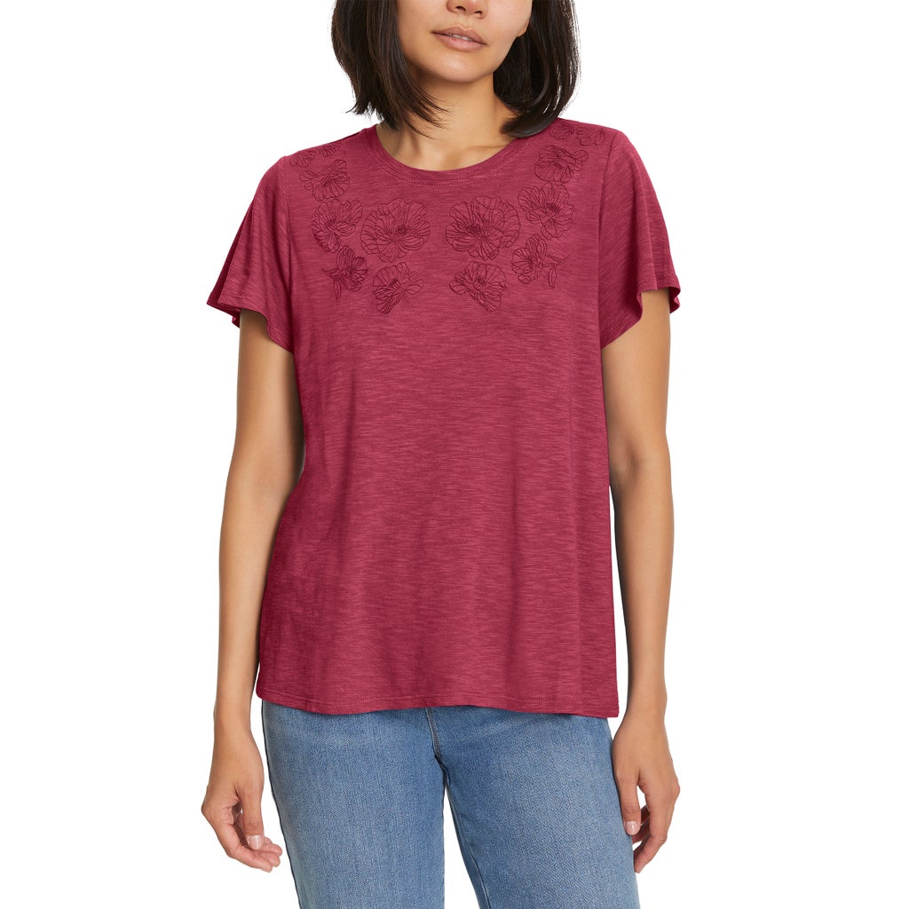 [color:dark pink] Ella Moss Women's Short Sleeve Embroidered Top - Dark Pink - image 1