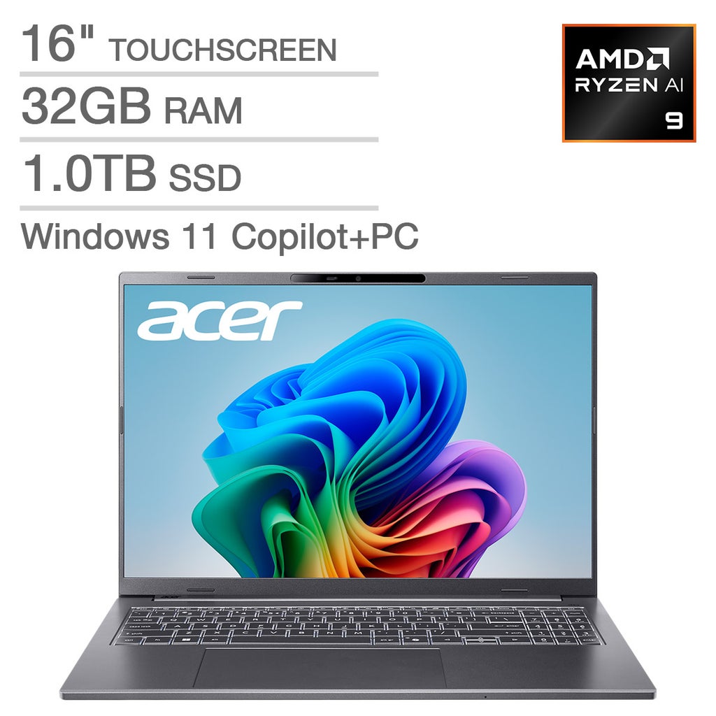 Acer Aspire 16" AI Copilot+ PC Touchscreen Laptop — AMD Ryzen AI 9 365 Processor — WUXGA (1920 x 1200) 120Hz Touchscreen — 32GB RAM — 1TB SSD — Windows 11 Home — Steel Gray – image 1