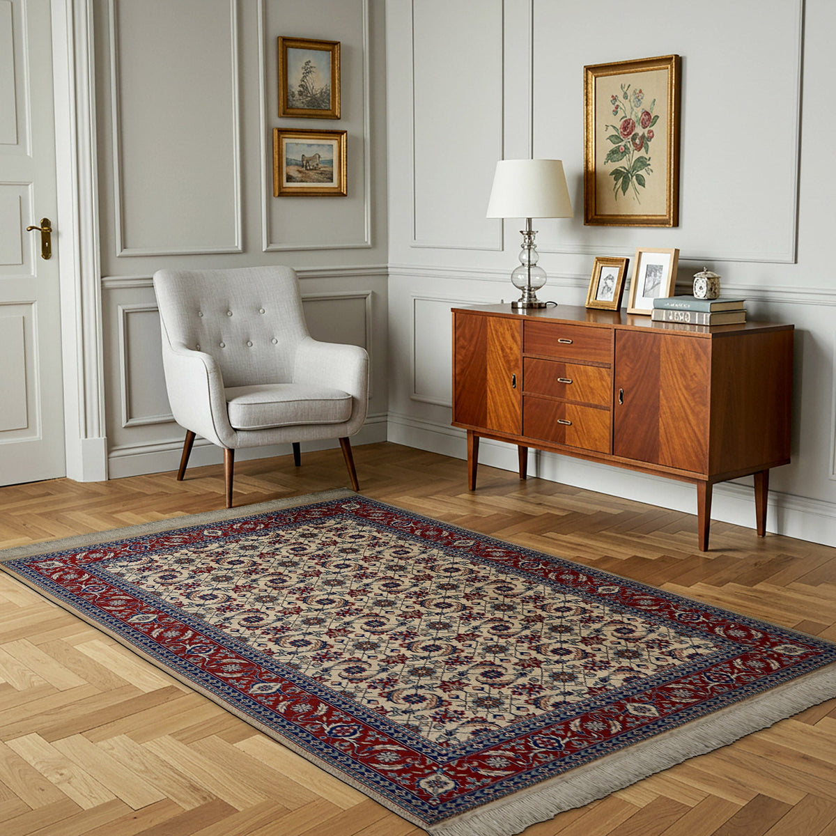 Montacute Hand Knotted Rug Collection, Classic Herati Ivory Red