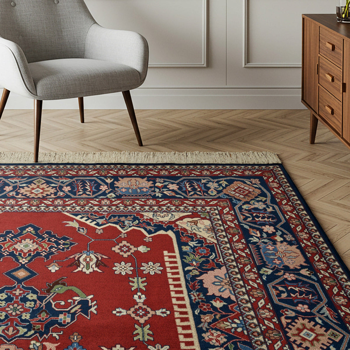 Montacute Hand Knotted Rug Collection, Churchill Medallion Red Navy