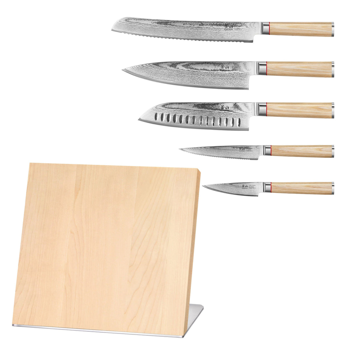 Cangshan Sobu Series 6-piece X-7 Damascus Steel Knife Block Set, Tan Pakka