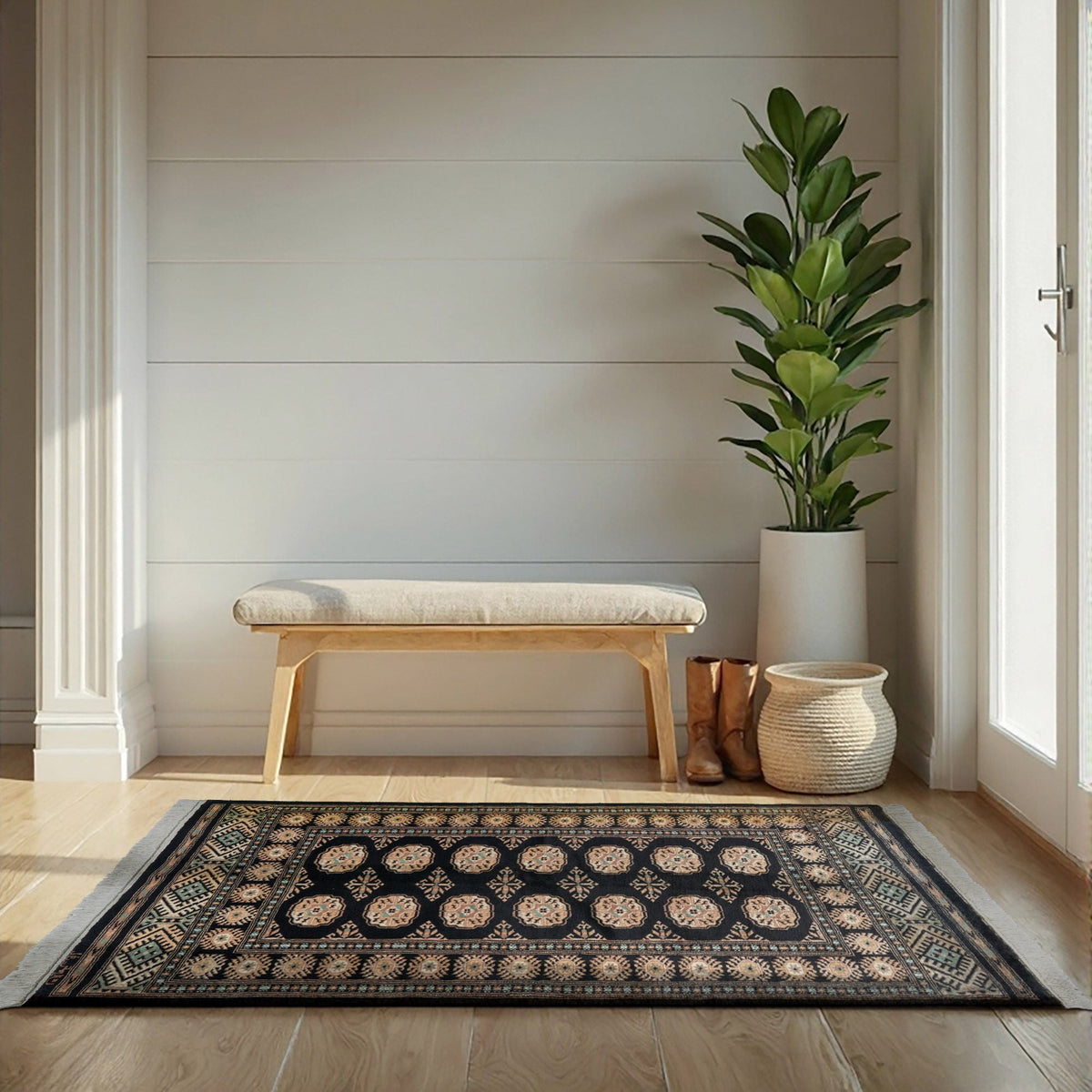 Pakistani Hand Knotted Rug Collection, Classic Bukhara Donegal Black