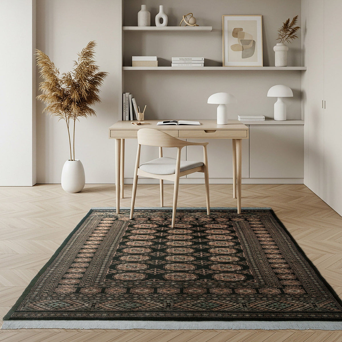Pakistani Hand Knotted Rug Collection, Classic Bukhara Donegal Black