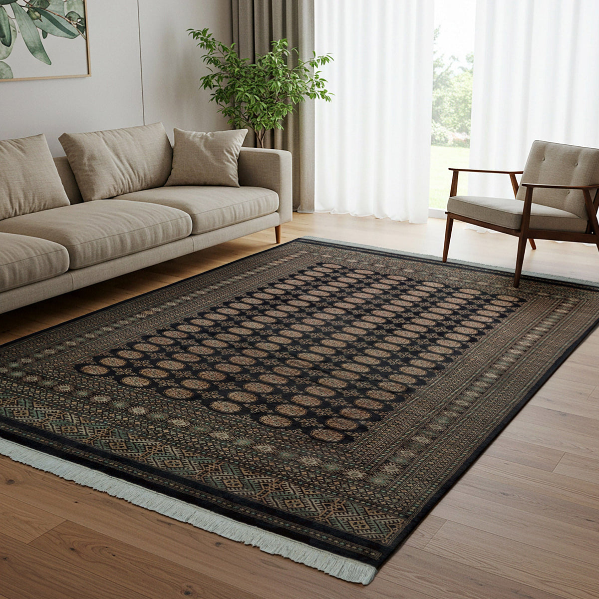 Pakistani Hand Knotted Rug Collection, Classic Bukhara Donegal Black