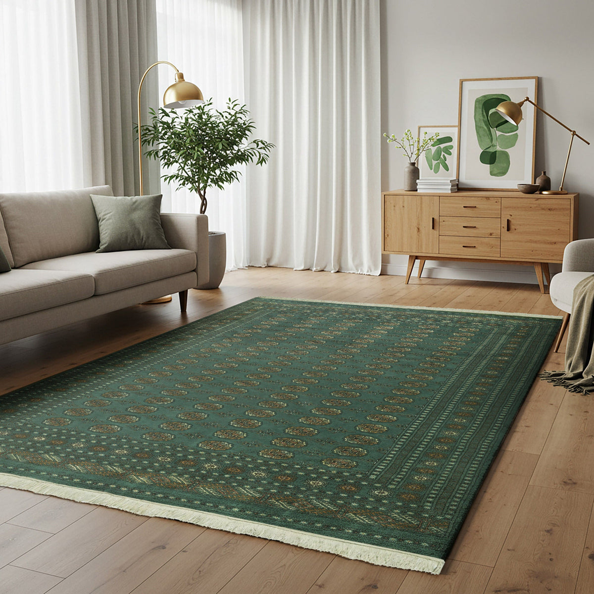 Pakistani Hand Knotted Rug Collection, Classic Bukhara Donegal Green
