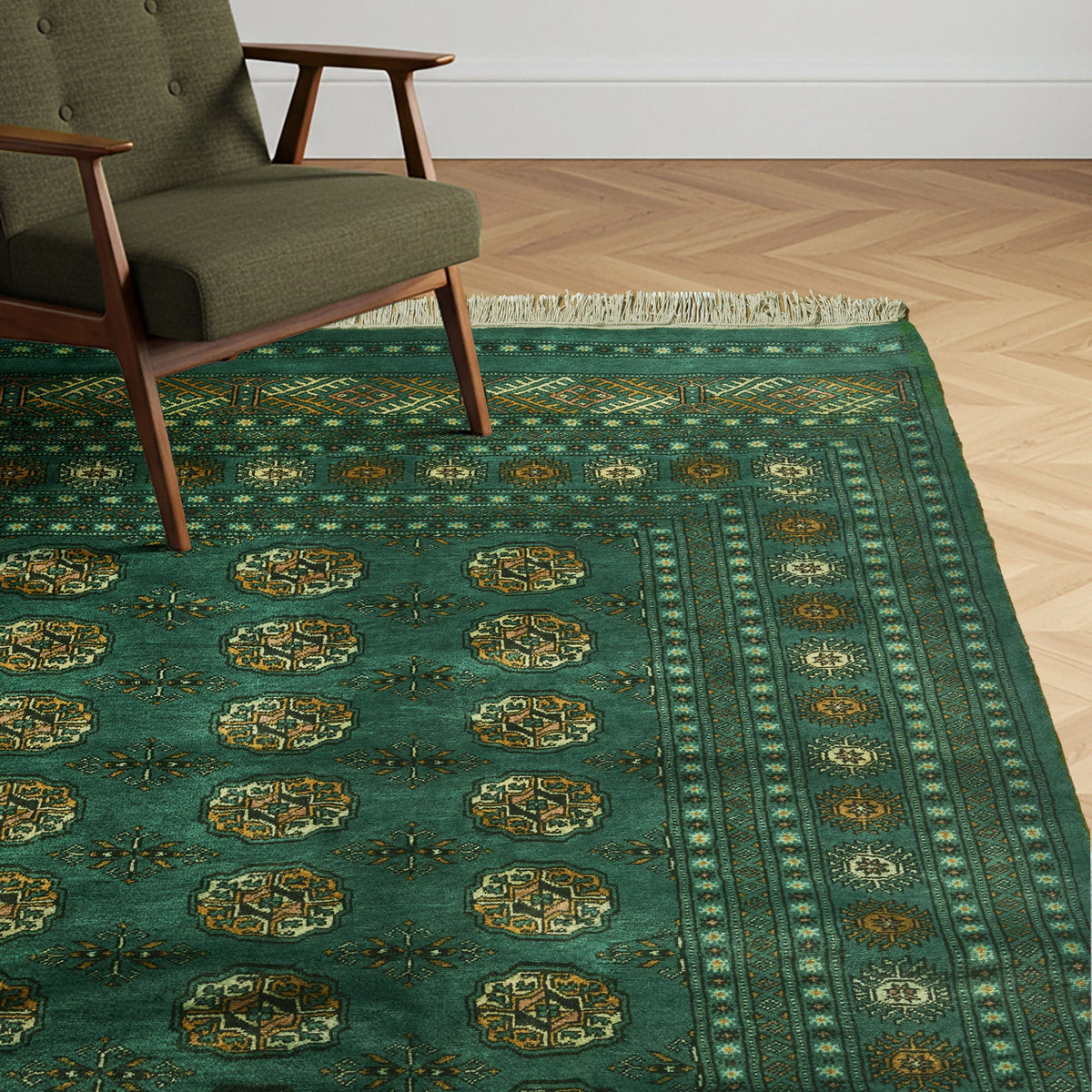 Pakistani Hand Knotted Rug Collection, Classic Bukhara Donegal Green