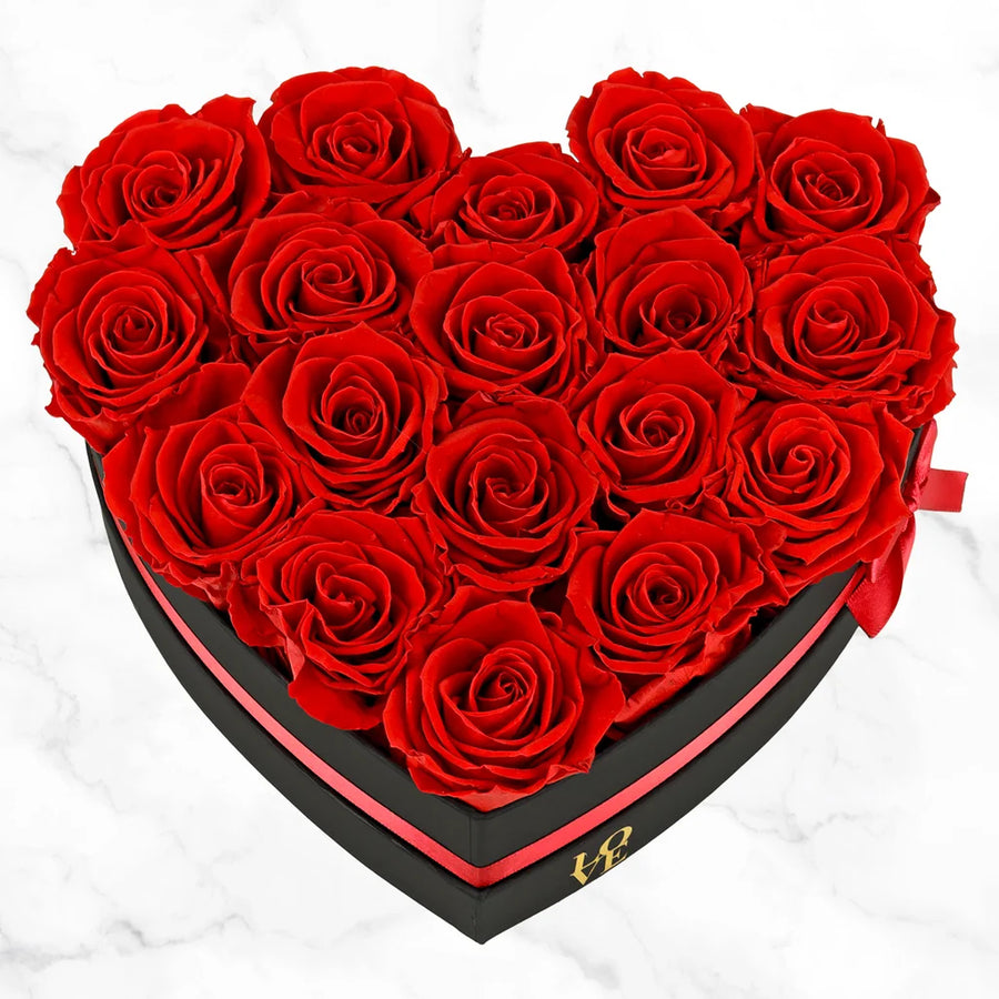 Valentines Day Rainbow Red Forever Roses with Black Box, 18-stems