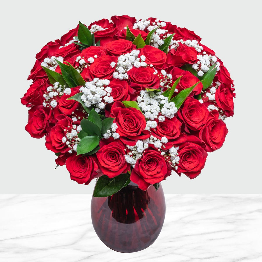 Valentines Day Red Romance Fresh Cut Floral Arrangement, 44-stems