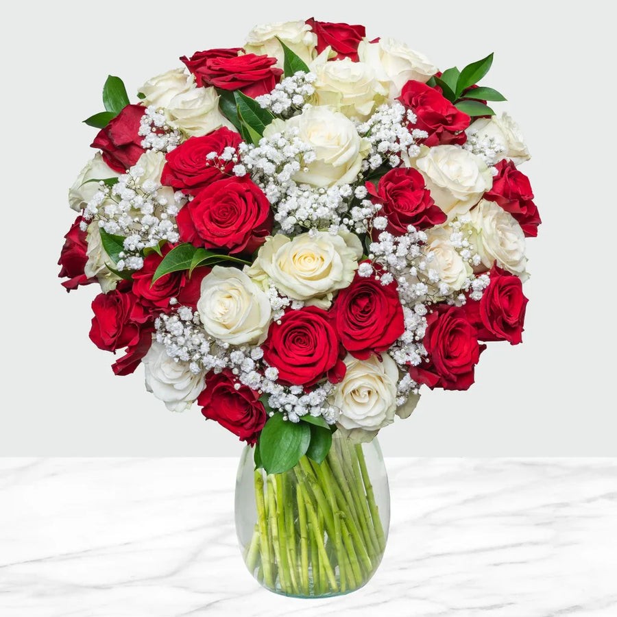 Valentines Day Red and White Romance Fresh Cut Floral Arrangement, 44-stems