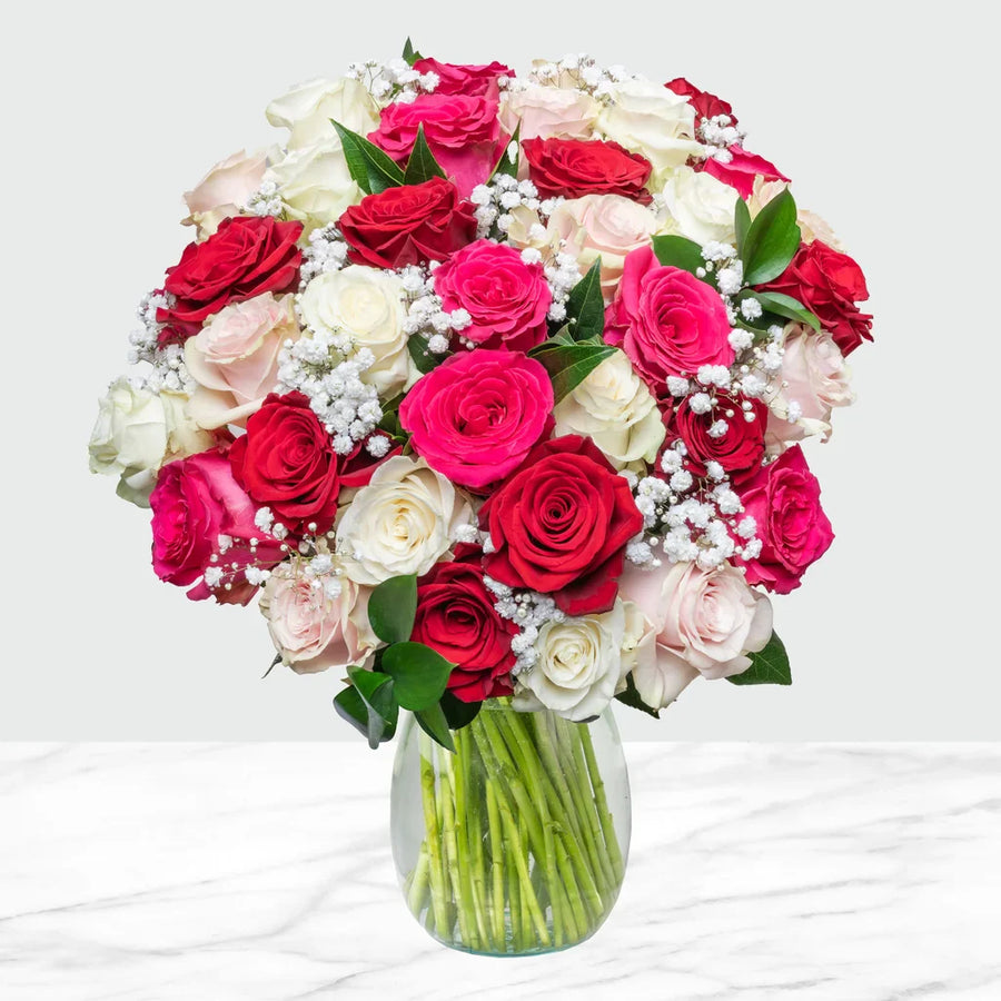 Valentines Day Red, White and Pink Romance Fresh Cut Floral Arrangement, 44-stems