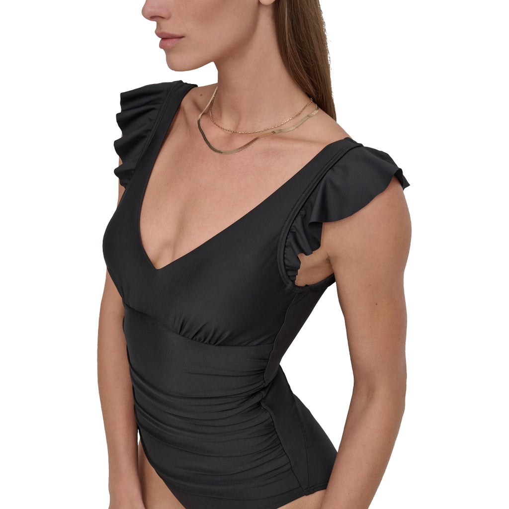 [color:black] DKNY Women's Ruffle Sleeve One-Piece Swimsuit - Black - image 2