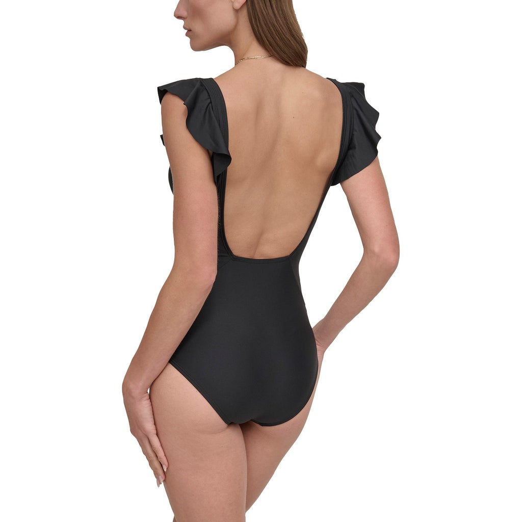 [color:black] DKNY Women's Ruffle Sleeve One-Piece Swimsuit - Black - image 3
