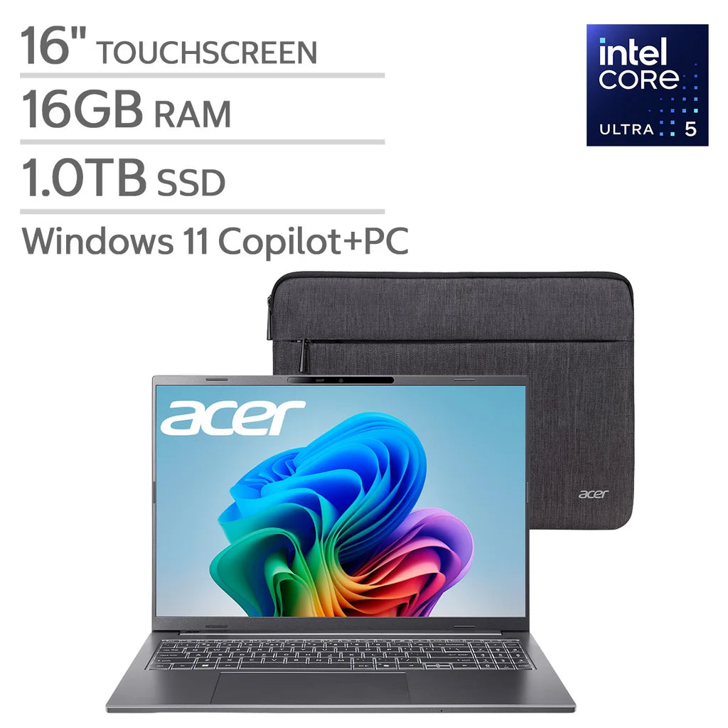 Acer Aspire 16" AI Copilot+ PC Touchscreen Laptop - Intel Core Ultra 5 processor 226V - WUXGA (1920 x 1200) Touchscreen - 16GB RAM - 1TB SSD - Windows 11 Home - Steel Gray – image 1
