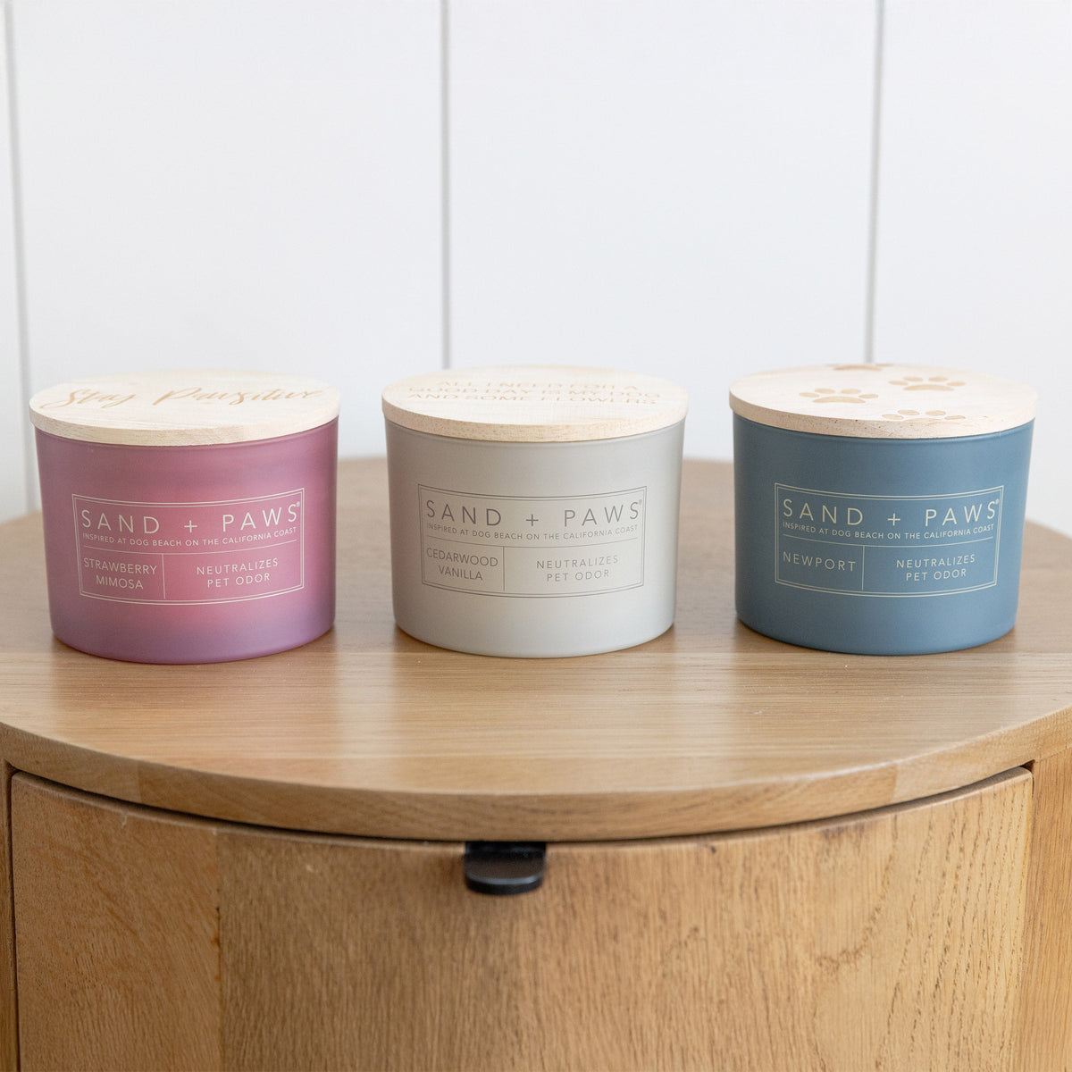 Sand + Paws  Set of 3 12 oz Candles with Carved Wood Lids