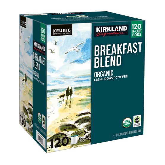 Kirkland Signature Organic Breakfast Blend Coffee, Light Roast, Keurig K-Cup Pods, 120 ct