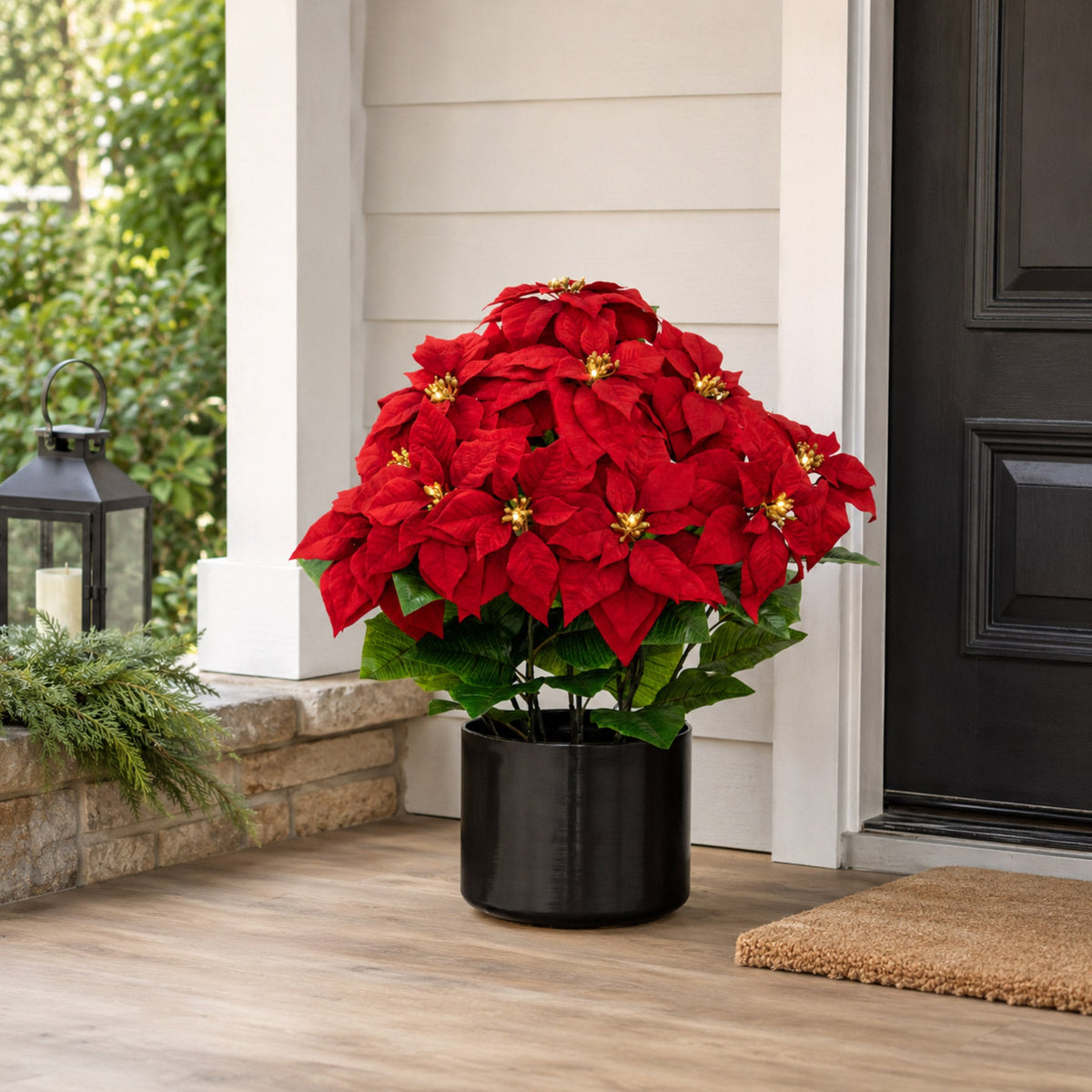 30" Pre-Lit Faux Red Velvet Poinsettia Pot