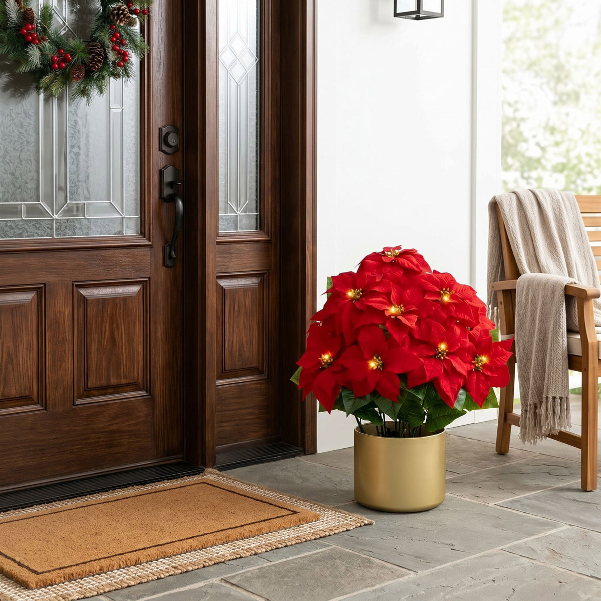 30" Pre-Lit Faux Red Velvet Poinsettia Pot