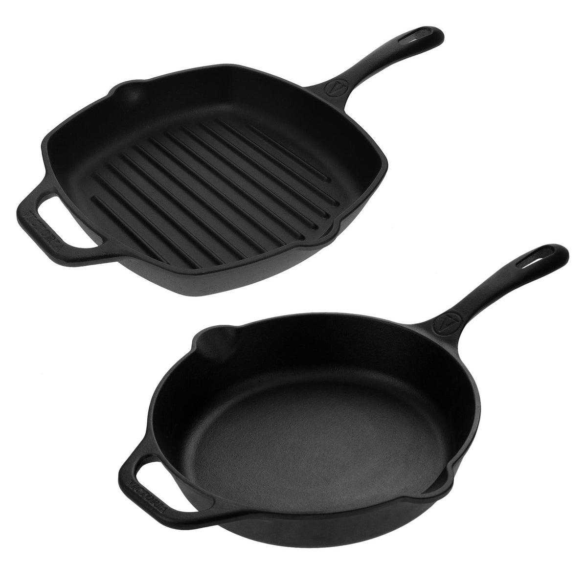 Victoria Cast Iron 10" Grill Pan and 10" Skillet