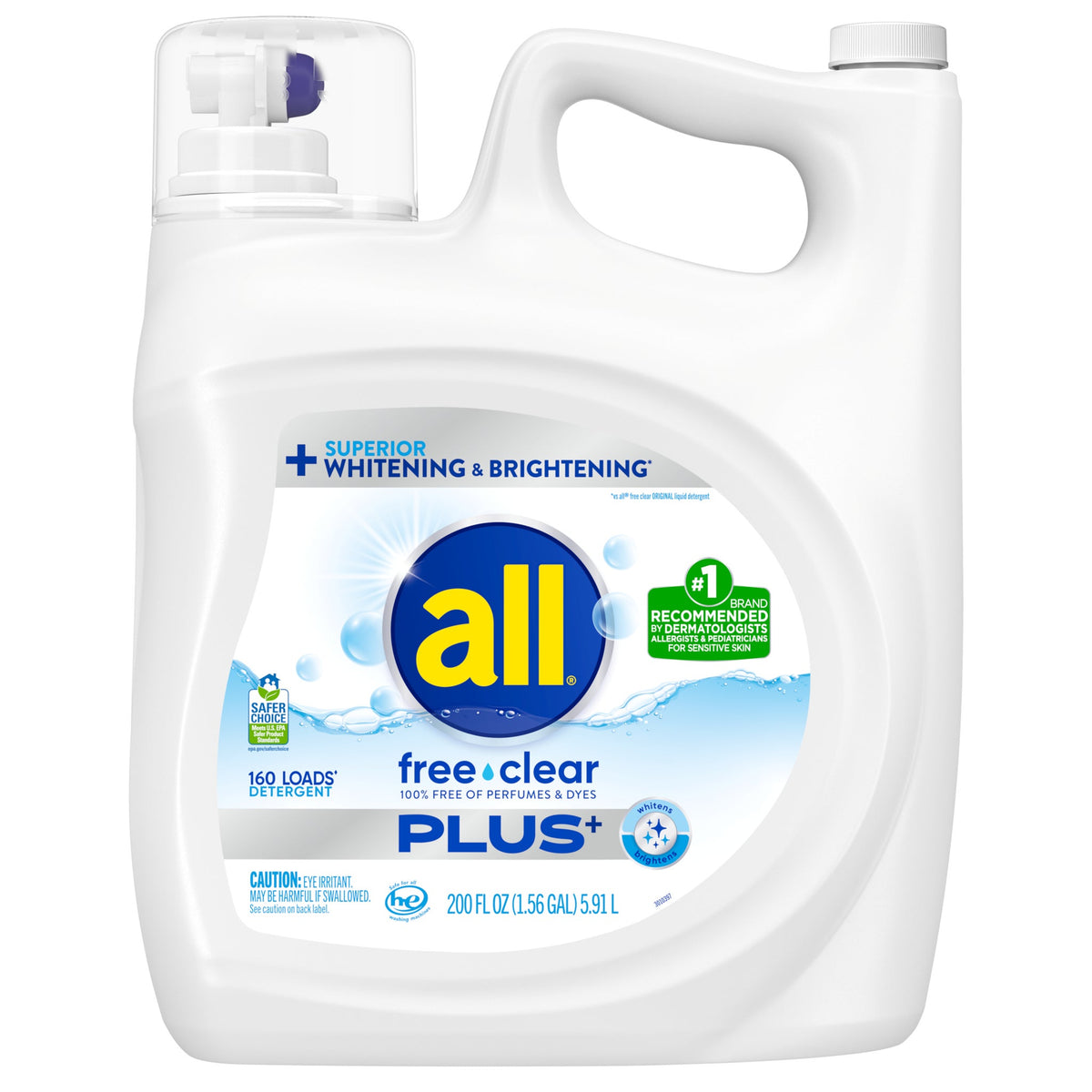 All Liquid Laundry Detergent, Free Clear Plus, HE Compatible, Unscented, 200 fl oz