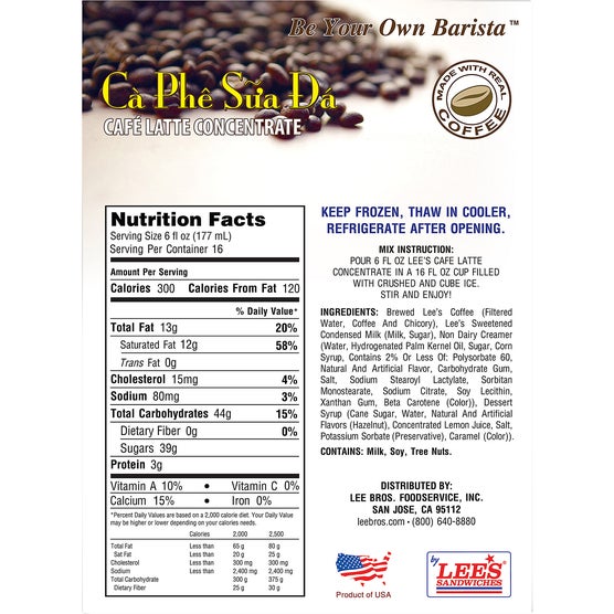 Lee's Cafe Latte Frozen Concentrate, Original, 16 fl oz, 6 ct