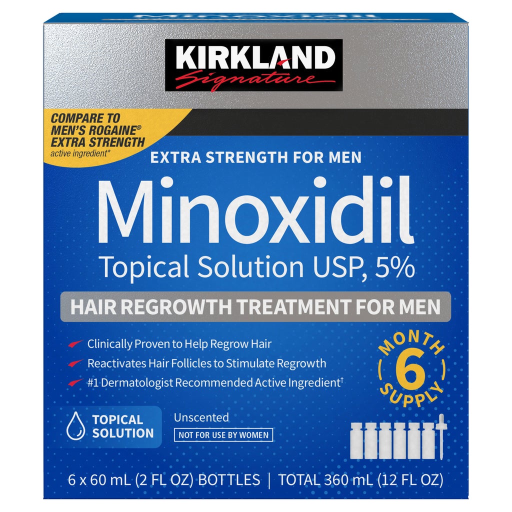 Kirkland Signature Hair Regrowth Treatment Extra Strength for Men, 5% Minoxidil Topical Solution, 2 fl oz, 6-pack - product image