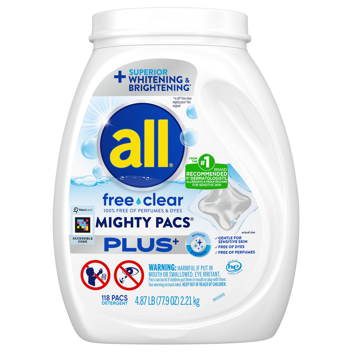 All Laundry Detergent Mighty Pacs, Free Clear Plus, HE Compatible, Unscented, 118 ct
