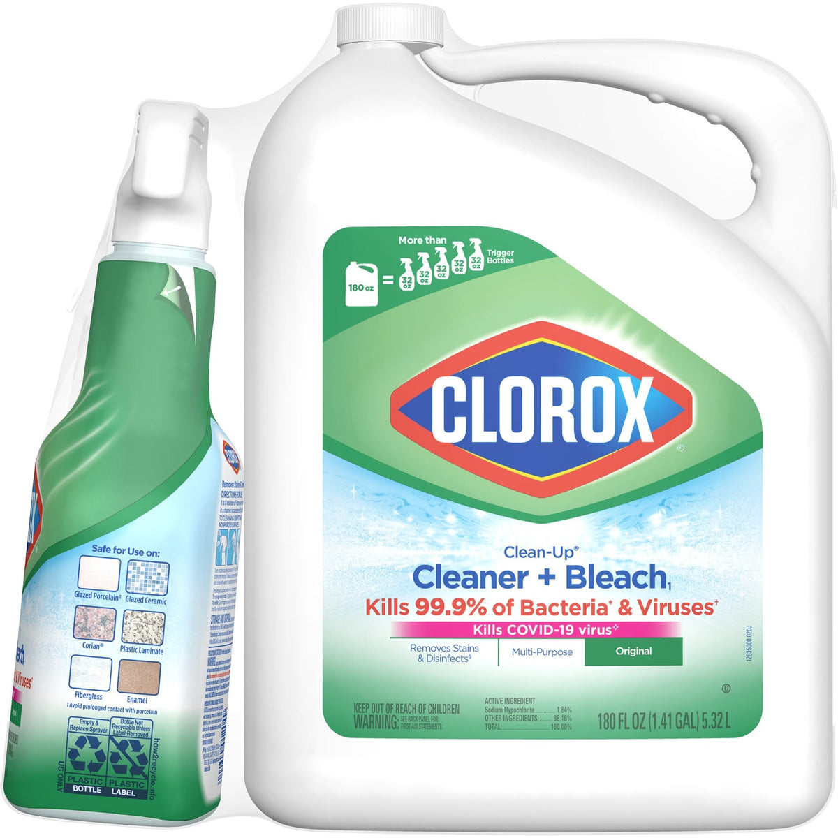 Clorox Clean-Up Cleaner and Bleach, 32 fl oz with 180 fl oz Refill