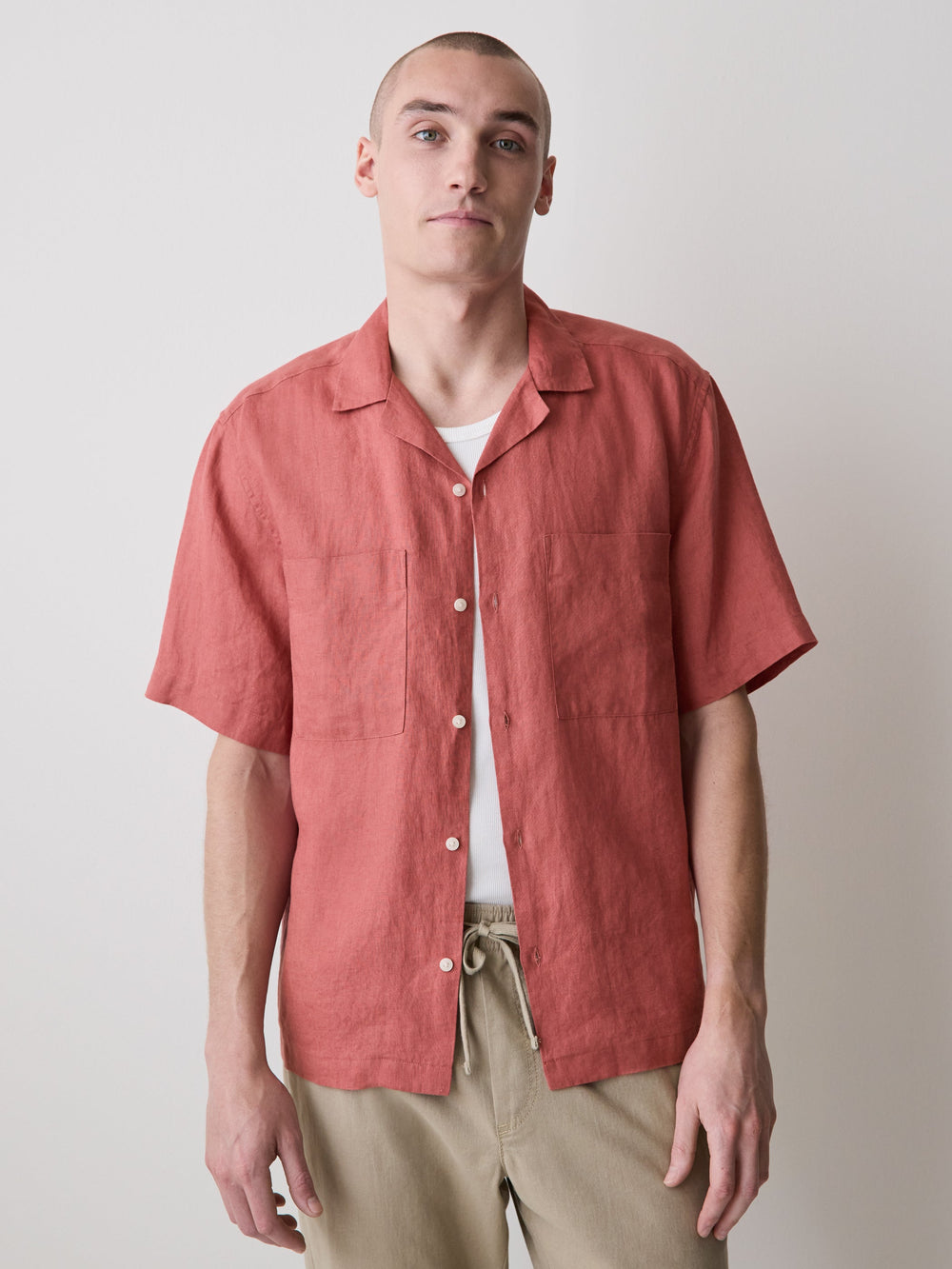 Short-Sleeve Linen Shirt with Camp Collar
