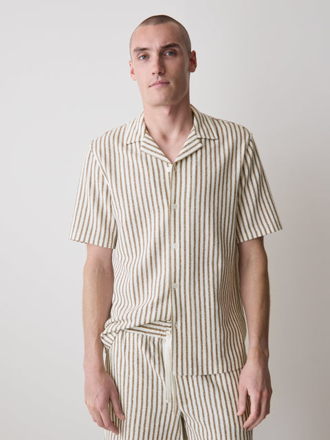 Striped Short-Sleeve Textured Shirt with Camp Collar