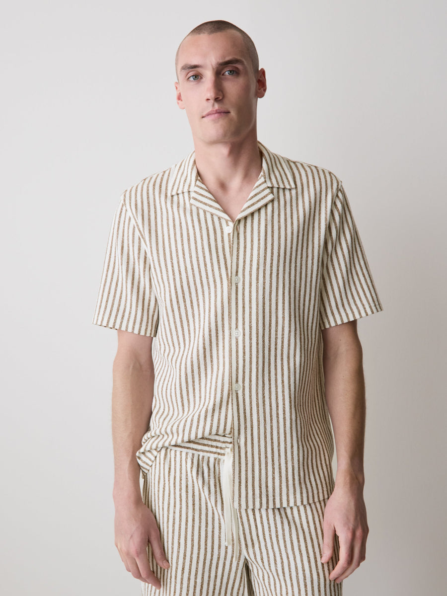 Striped Short-Sleeve Textured Shirt with Camp Collar