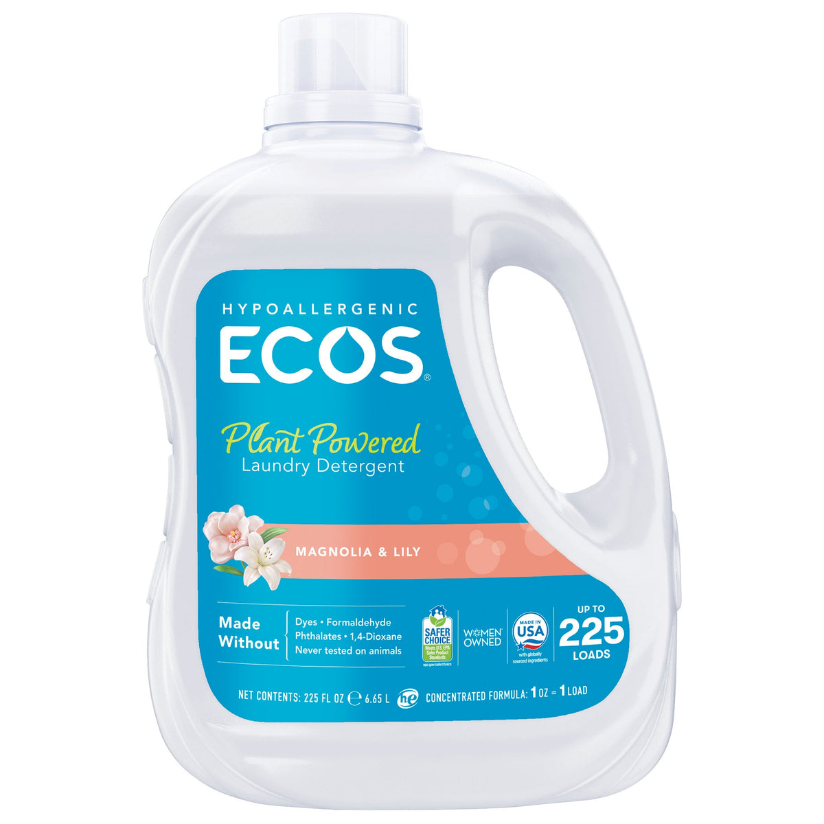 ECOS Liquid Laundry Detergent, Hypoallergenic, HE Compatible, Magnolia and Lily Scent, 225 Loads, 225 fl oz