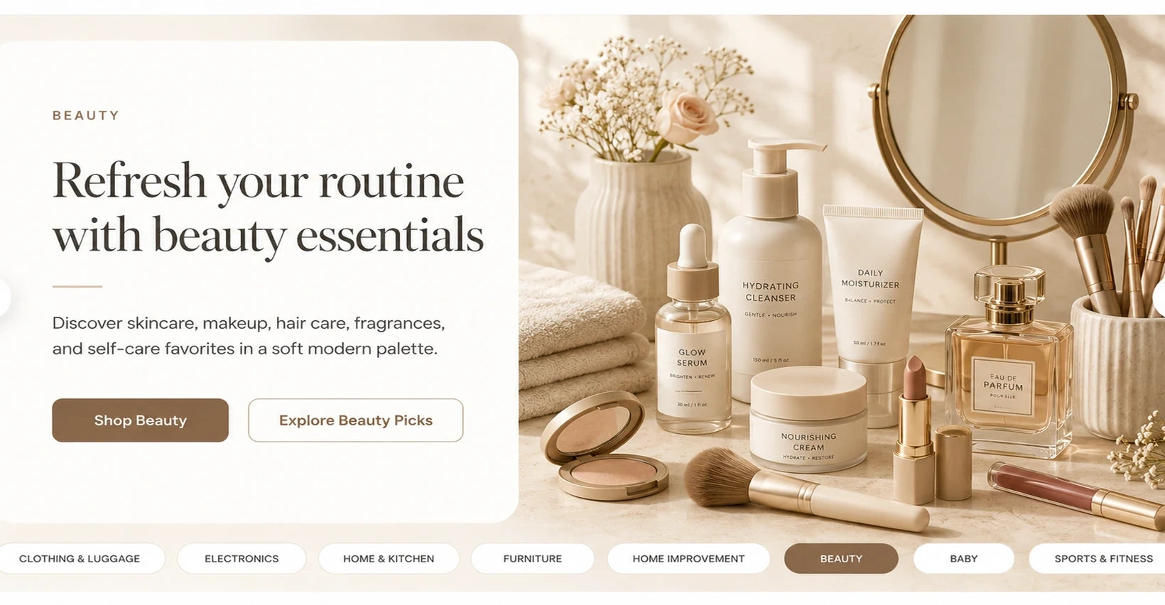 AI generated warm white hero slide for beauty essentials with skincare bottles, perfume, makeup, brushes, towels, flowers, and vanity mirror
