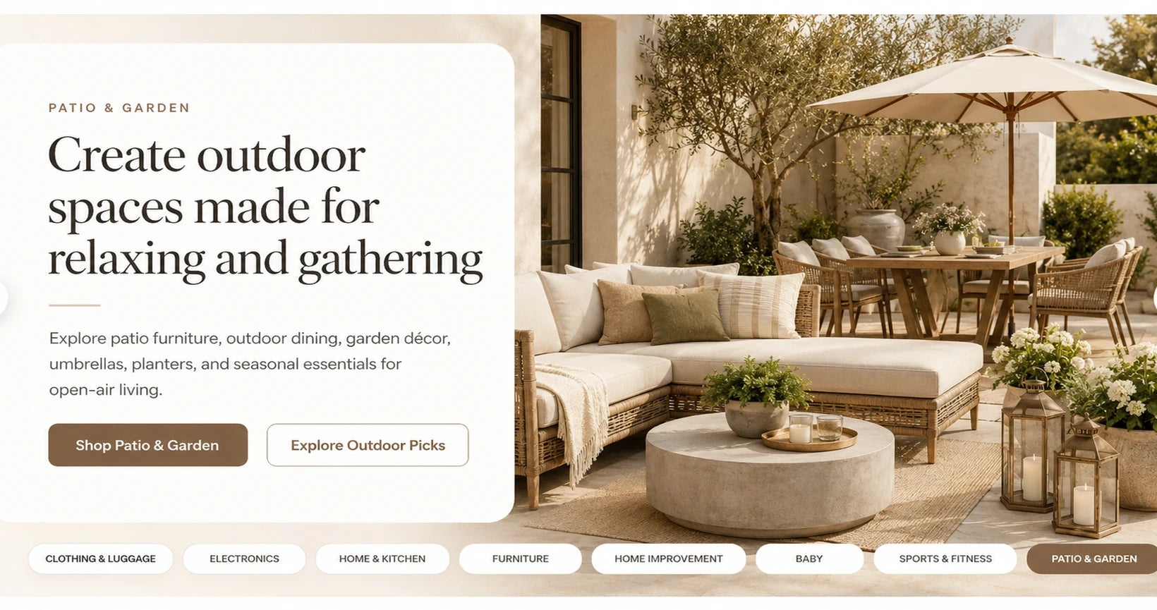AI generated warm white hero slide for patio and garden with outdoor sofa, dining set, umbrella, planters, lanterns, greenery, and flowers
