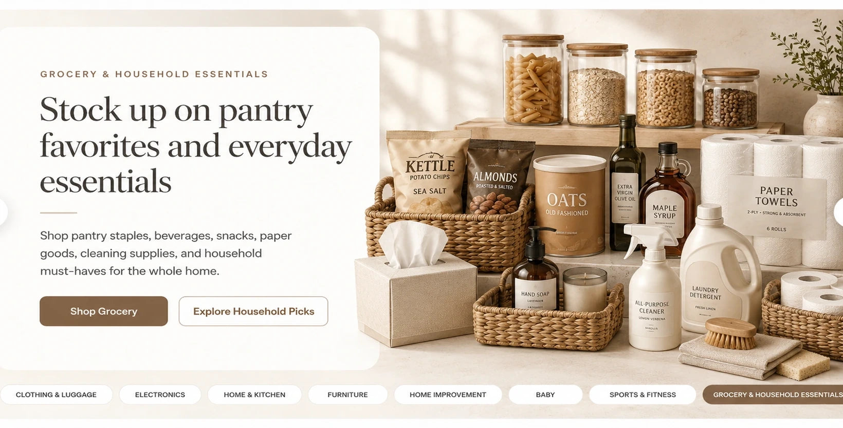 AI generated warm white hero slide for grocery and household essentials with pantry jars, snacks, oats, paper towels, tissues, cleaning supplies, baskets, and laundry detergent
