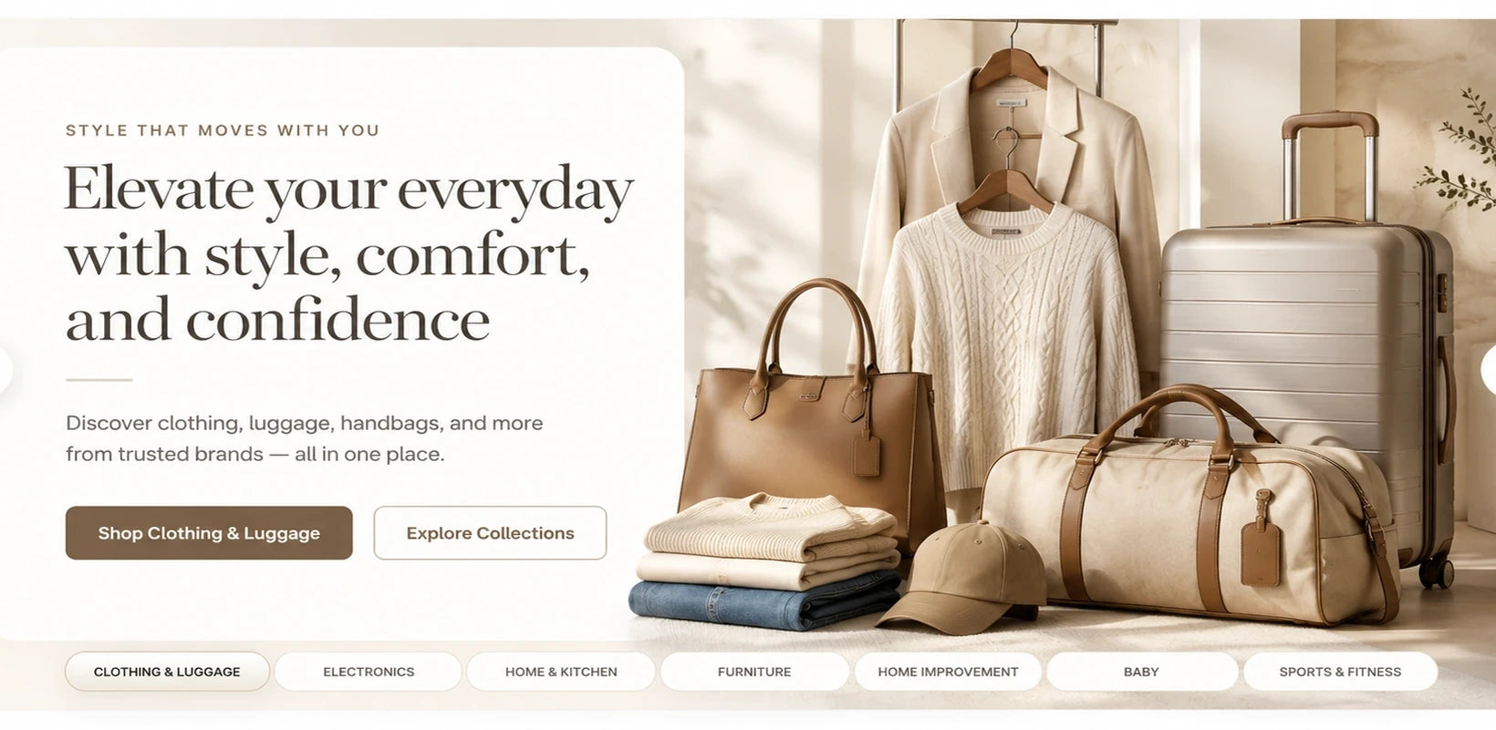 AI generated warm white hero slide for clothing, luggage, handbags, folded apparel, handbag, duffel, and suitcase