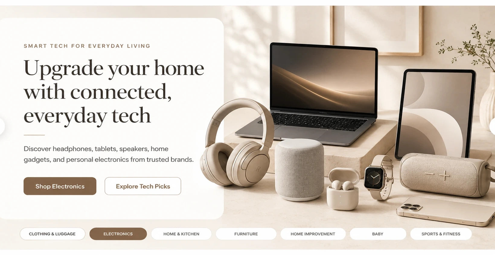 AI generated warm white hero slide for electronics with laptop, tablet, headphones, smart speaker, smartwatch, earbuds, phone, and portable speaker