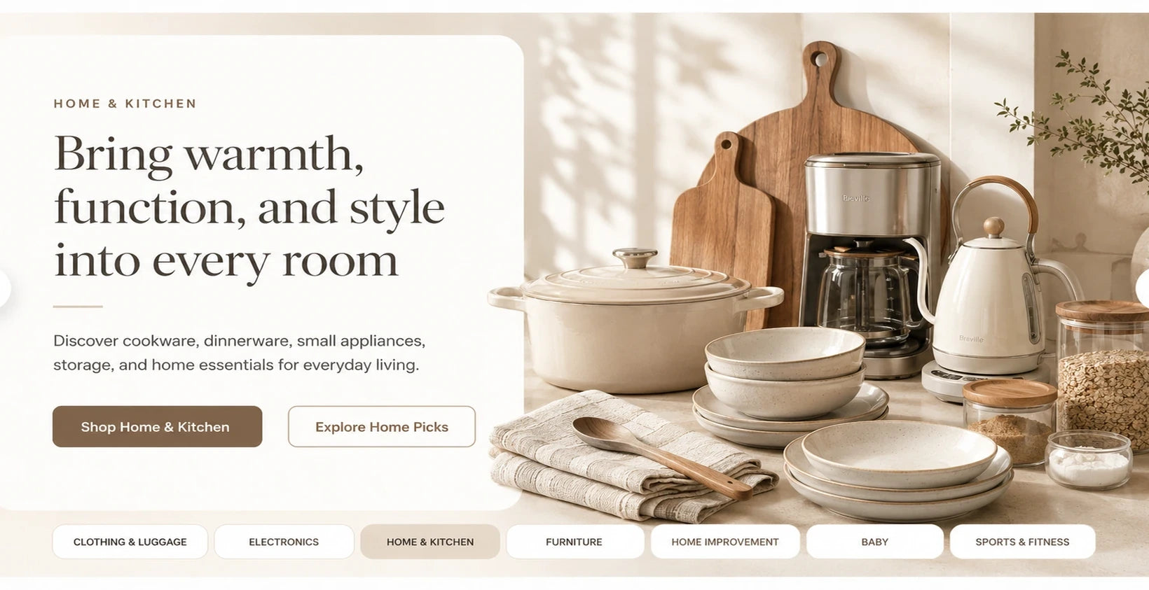 AI generated warm white hero slide for home and kitchen with cookware, dishes, coffee maker, kettle, storage jars, towels, and cutting boards