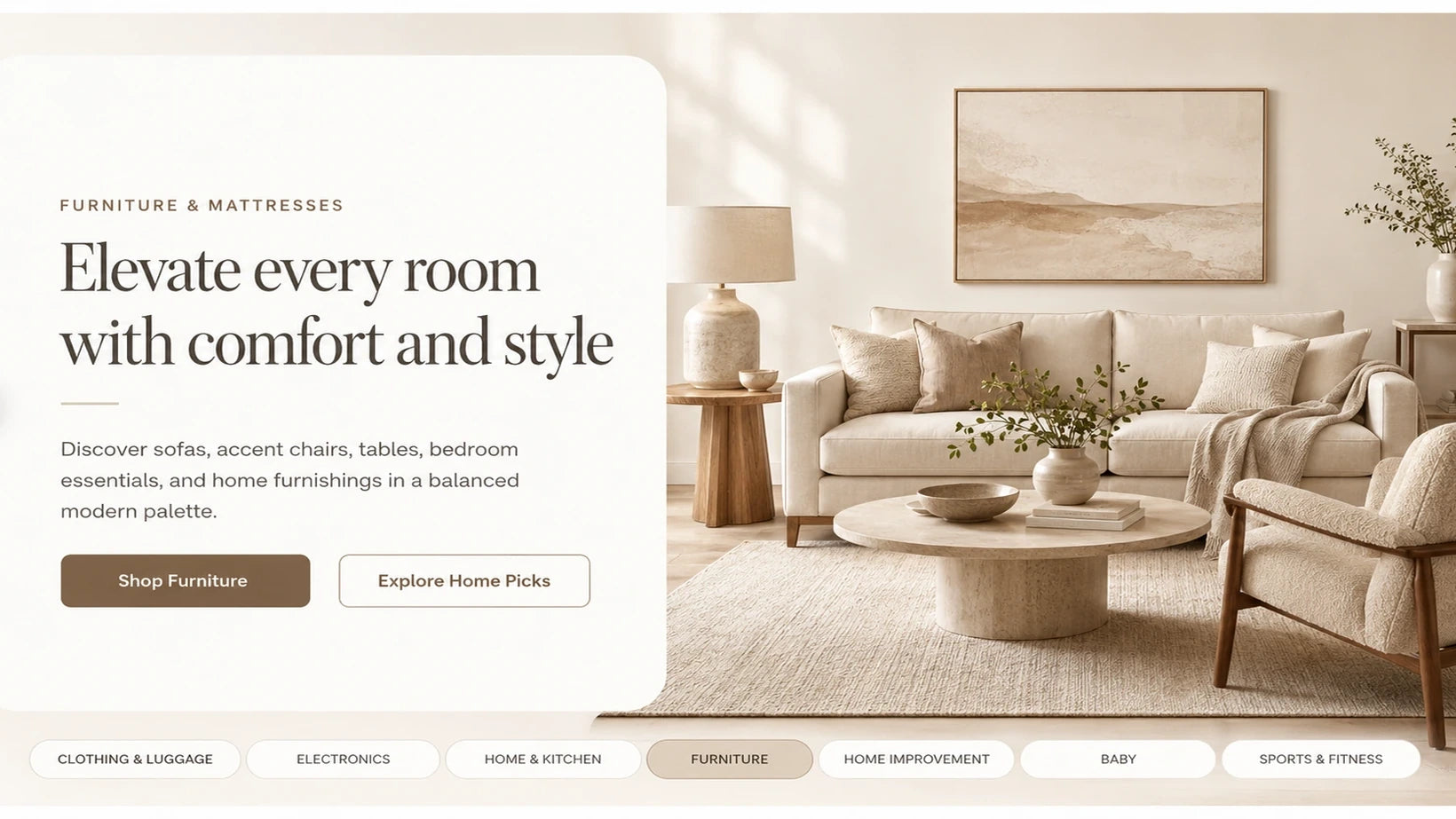 AI generated warm white hero slide for furniture and mattresses with sofa, chair, coffee table, rug, lamp, art, and decor