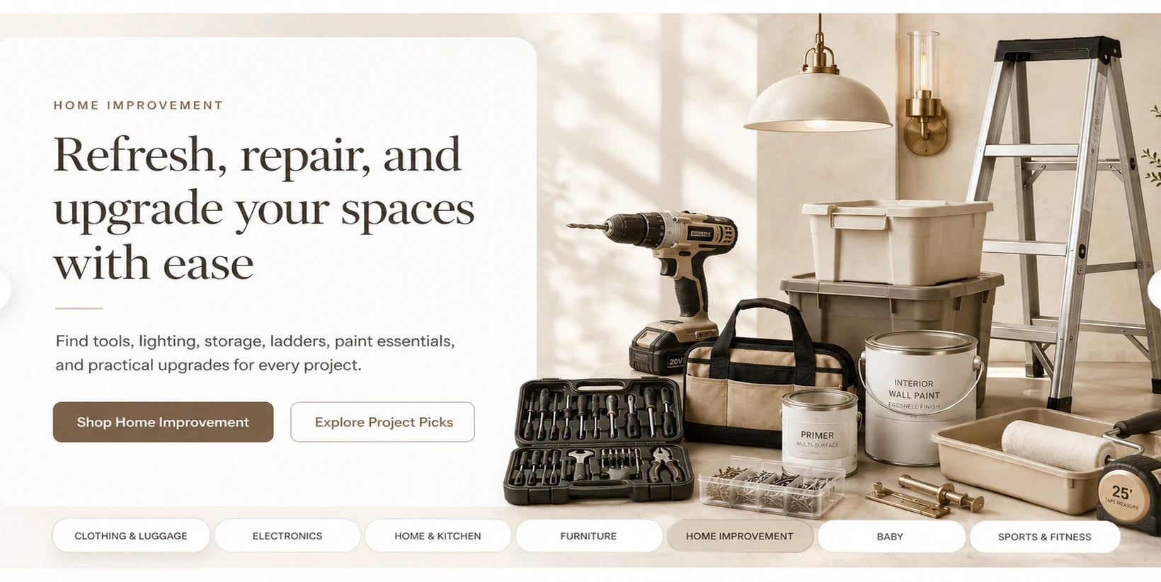 AI generated warm white hero slide for home improvement with drill, toolkit, ladder, paint supplies, lighting, storage bins, and hardware