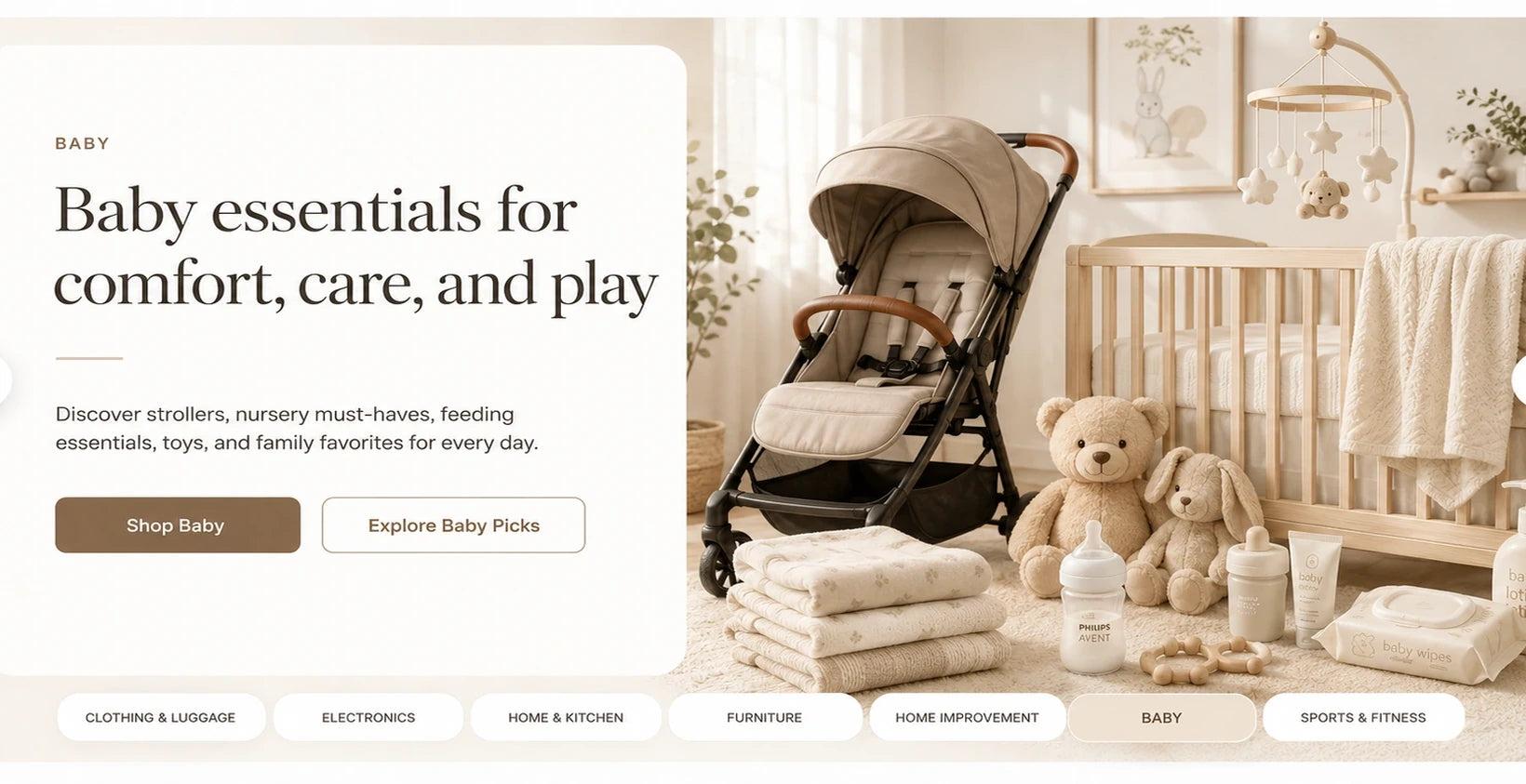 AI generated warm white hero slide for baby essentials with stroller, crib, plush toys, blankets, bottles, care products, and nursery mobile